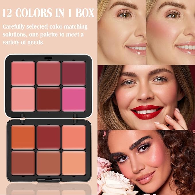 12 Colors Cream [Blush] Makeup Palette for Cheeks - All in One Blush Makeup Palette Kit with Brush, Natural Matte Long Wearing, Waterproof Blendable Face Make Up Pallete (#01)