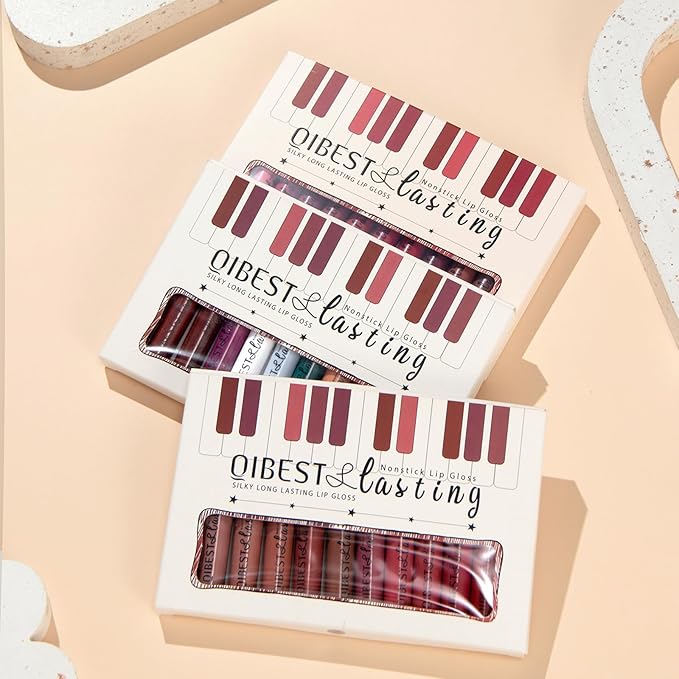 QiBest 12Pcs Velvet Matte Liquid Lipstick Makeup Sets for Women & Teens Gift, Waterproof Long Wear 24 Hours Nudes Burgundy Red Brown Lip Stain Kits, Non-Stick Cup Mate 24 Horas Lip Gloss Holiday Set