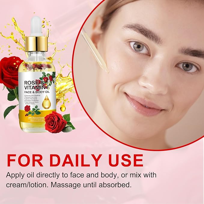 Vitamin E Oil, Rose Oil, Vitamin E Oil for Face, Organic Vitamin E Oil, Rose & Vitamin E Moisturizer Oil for Face and Skin Care 2 Fl Oz