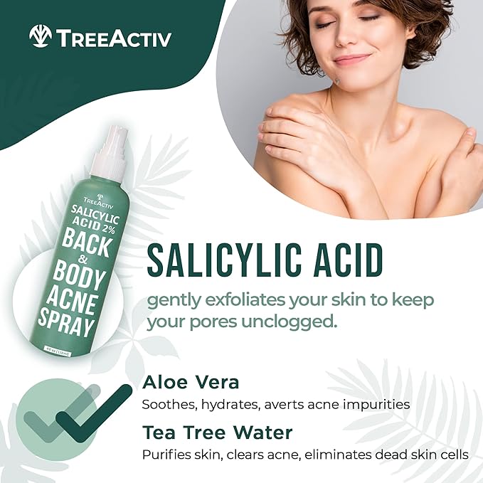 Salicylic Acid Back & Body Acne Spray, Back Acne Solution For Women And Men, Acne Body Spray with Tea Tree Oil, Fast-Drying Back Acne Spray, Fine Mist, Back Acne Treatment Spray, 4 fl oz, 2-pack