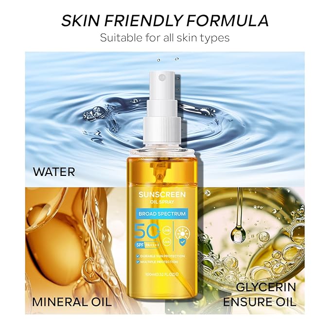 SPF Oil Sunscreen Spray,SPF Glow Oil Sunscreen Mist,Broad Spectrum Sunscreen Protection Oil Sunscreen Spray,SPF 50 PA++++,Hydration Body Sunscreen Oil Skin Sun UVA/UVB Protection 100ML