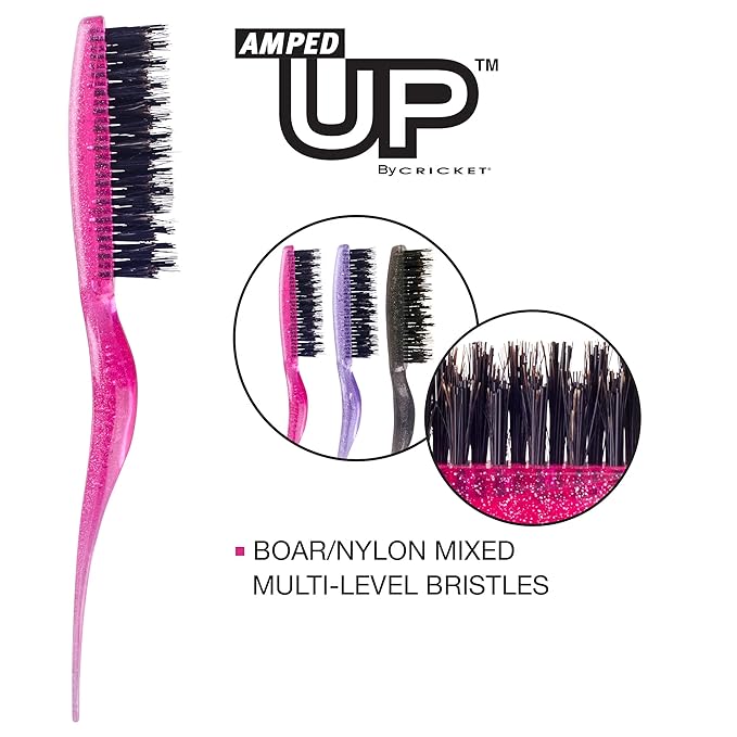 Cricket Amped Up Teasing Hair Brush - Adds Major Volume and Shine, Heat Resistant, Ideal for Slick Back, Updos, and Detangling All Hair Types, Ergonomic Handle and Sectioning Tip, 4 Pack Sparkle