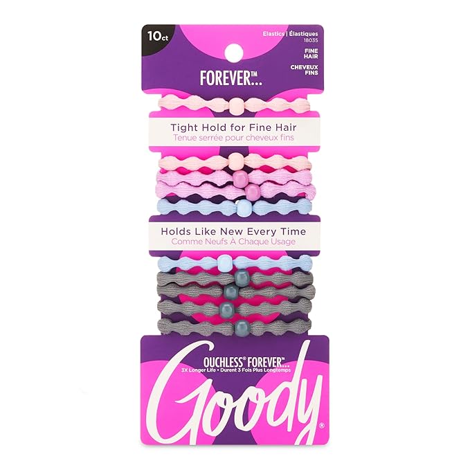Goody Ouchless Forever Hair Elastics, 10 Ct, Assorted Colors, Damage-Free Bands, 3X Stronger Elastic Ties, Retainable Shape, 16 Strand Inner Core, Styling Accessories for Women & Men, All Hair Types