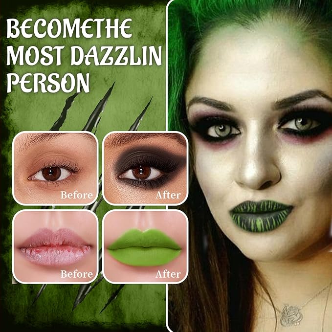 Green Matte Liquid Lipstick Set with Black Eyeshadow Powder, Halloween Goth Lip Gloss Waterproof Longlasting DIY Cute Unique Makeup Lip Stain for Rave Festival Accessories Cosplay Party