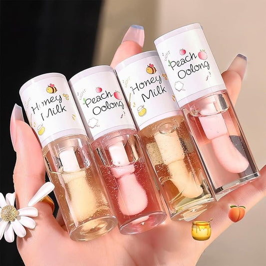 4PCS Hydrating Clear Lip Oil,Jelly Honey Lip Gloss Oil,Korean Big Brush Lip Oil,Long-lasting Moisturizing Nourishing Lip Balm,Plumping Lip Fresh Texture Clear Lip Gloss,Makeup Lip Care Tools