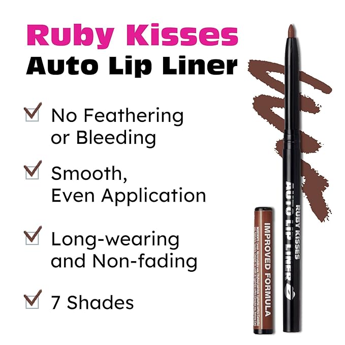 Ruby Kisses Auto Lip Liner Pencil (Brown 3 Pack), Long Lasting & Non-Fading, Smooth Application, Non-Feathering with Rich Pigmented Color, No Sharpener Needed, Ideal for Full Lips Look