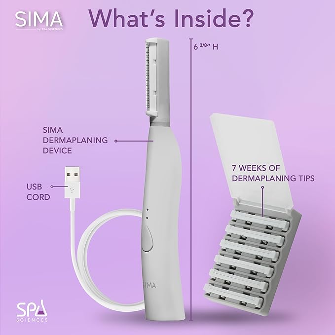 SPA SCIENCES - SIMA Patented Dermaplane Razor for Women Face – Painless 2-in-1 Facial Exfoliation & Peach Fuzz Hair Removal – Anti-Aging – 3 Speeds – Rechargeable – 7 Weeks Treatment