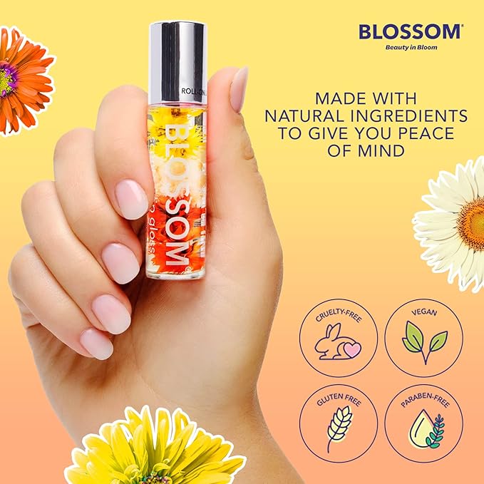 Blossom Roll on Lip Gloss, Scented Clear High Shine Moisturizing Lip Oil, Non Sticky, Infused with Real Flowers, Made in USA, 0.2oz, Passion Fruit