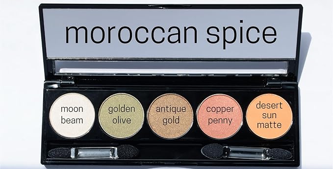 Moroccan Spice Shimmer White, Olive Green, Gold, Copper Penny Red, and Light Matte Orange Vegan Eyeshadow Palette; Talc, Paraben & Cruelty Free