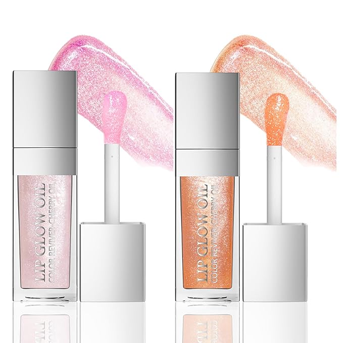 2PCS Hydrating Lip Glow Oil, Plumping Lip Gloss, Clear to Pink Lip Oil Gloss, Transparent Moisturizing Lip Balm, Natural Lip Plumper, Lip Plumper Gloss Make Lips Fuller and Moisturizing