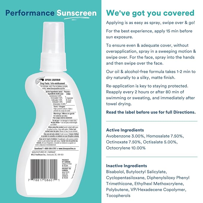 KINeSYS Fragrance Free Clear Spray Sunscreen for sensitive skin, SPF 50, Hypoallergenic, Broad Spectrum UVA/UVB protection for Face & Body; PABA and Oxybenzone FREE, 700+ Sprays, 4 Fl Oz/120 mL