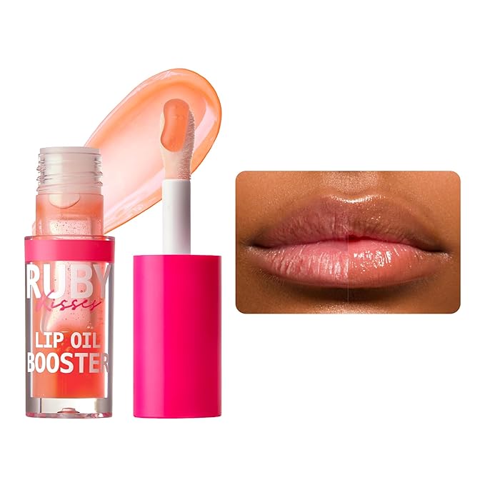 Ruby Kisses Lip Oil Booster, Hydrating Lip Gloss with Nourishing Natural Oil Blend, Jumbo Wand for Easy Application, Non-Sticky Formula (Coral)
