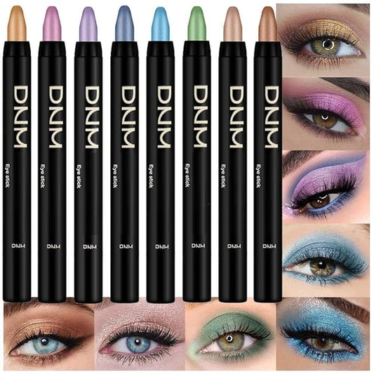 8Pcs Glitter Eye Shadow Sticks Liner Pencils Makeup Set, Desert Mocha Beige Gold Light Purple Pink Sky Dazzling Blue Geen Glitter Shimmer Eyeliner Pencil Cream Eyeshadow Palette Makeup for Older Women