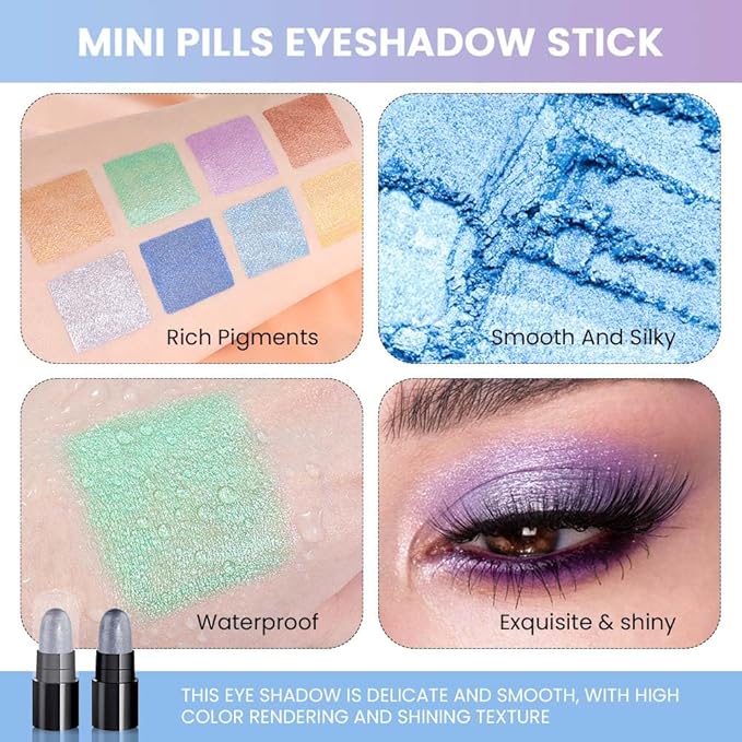 evpct 12Pcs Capsule Cream Eye Shadow Brightener Sticks Set for Eyes, Pearl White Smokey Black Gray Khaki Royal Blue Violet Purple Silver Shimmer Matte Pencil Eye shadow Applicator Stick Palette Makeup