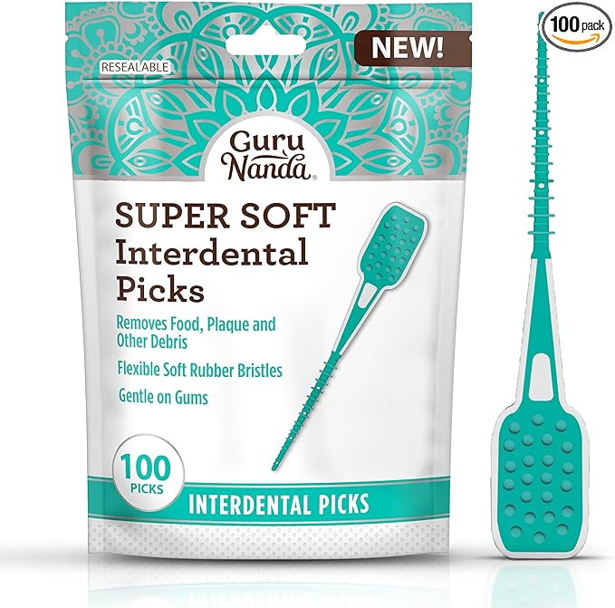 GuruNanda Interdental Picks (Pack of 100), Super Soft & Flexible Rubber Bristles, Dental Floss Picks to Remove Food Debris, Plaque & Go Gentle on Gums