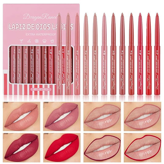 12 Colors Matte Lip Liner/Lipstick Set,One Step Lips Long