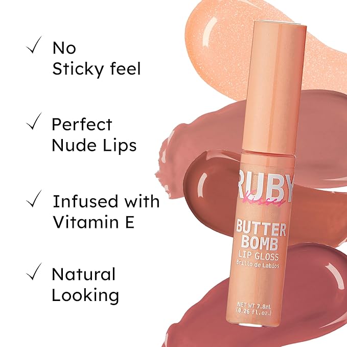 Ruby Kisses Lip Gloss Butter Bomb Gloss Non-Sticky Lip Gloss Vitamin E Natural Nude Lip Makeup - 7.8mL (0.26 US fl.oz) (Champagne)