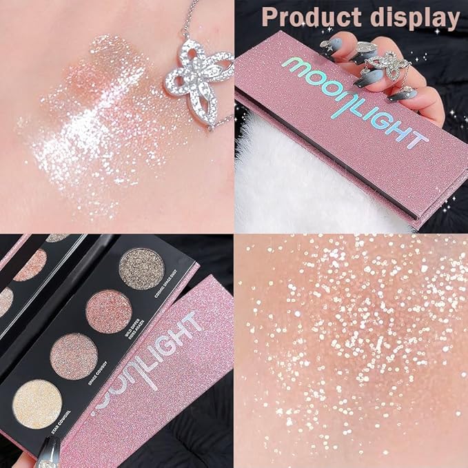 Shiny Highlight Eyeshadow Palette 4 Colors, Cosmetics Shimmer Palette, Cruelty-Free and Vegan Formula, Glitter Eyeshadow for Professional Makeup Kit (A#)