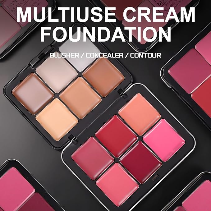12 Colors Cream Blush Palette Cream Concealer Foundation Palette,Natural Matte Face Makeup Palette with Brush