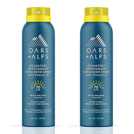 Oars + Alps Hydrating SPF 70 Sunscreen Spray, Infused with Vitamin C and Antioxidants, Water and Sweat Resistant, 6 Oz, 2 Pack