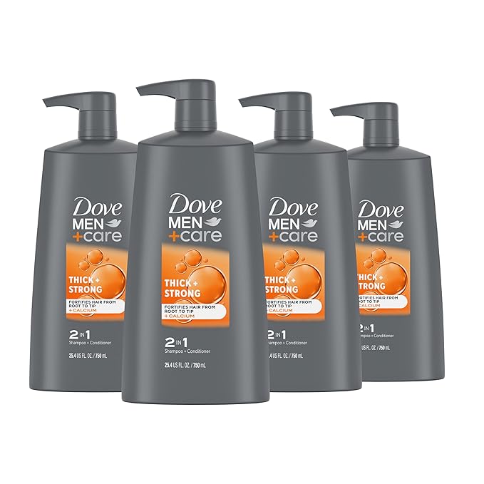 DOVE MEN+ CARE 2-in-1 Shampoo + Conditioner Thick + Strong 4 count for Fortifying Hair from Root to Tip, with Calcium, 25.4 oz