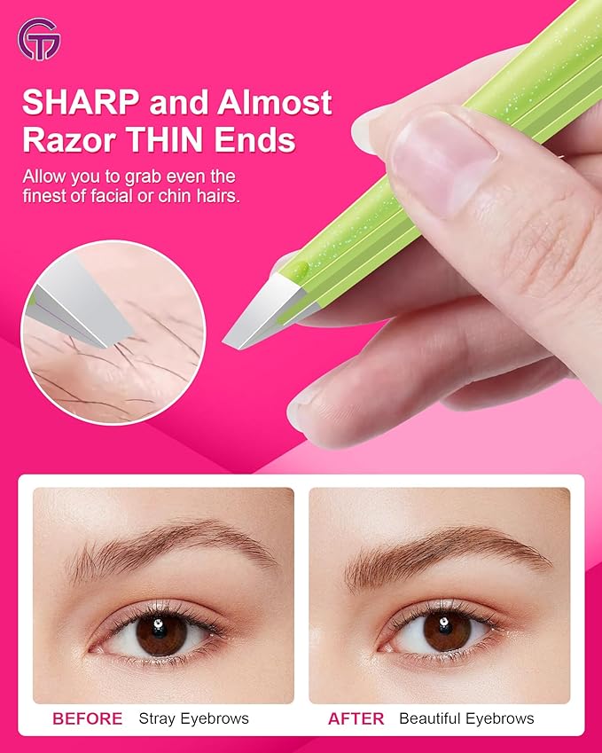 Expert Eyebrow Hair Removal Tweezer with Leather Case, GlamTweeler High Precision Slant Tip Stainless Steel Tweezers for Men and Women (Sparkle Apple Green & Yellow)