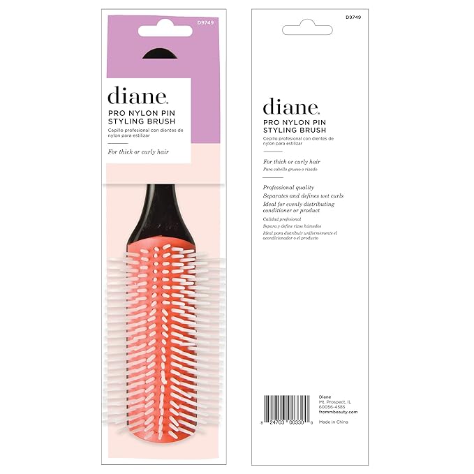 Diane Pro Nylon Pin 9 Row Styling Brush for Detangling, Separating, Shaping, and Defining Wet or Curly Hair, Heat-Resistant, Anti-Static, Black/Red