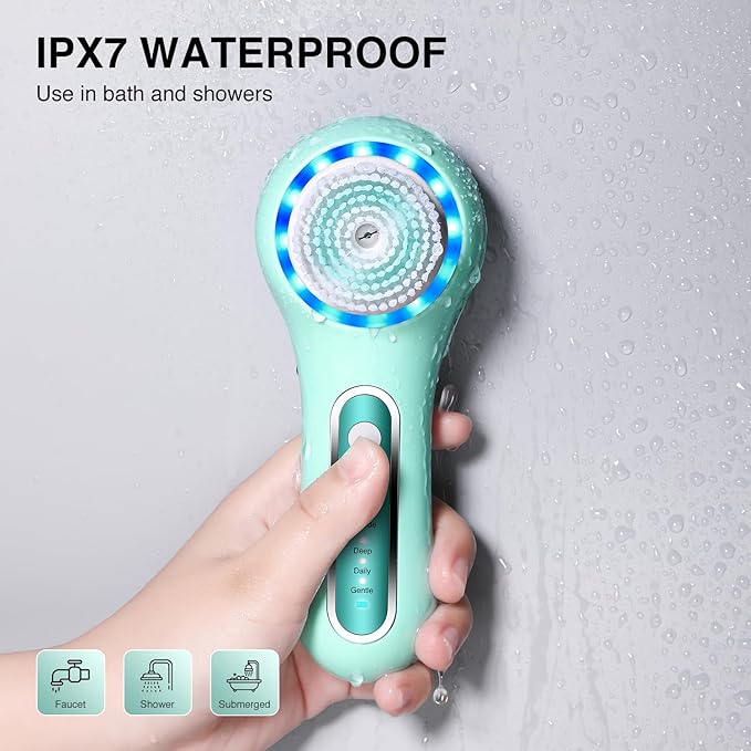 Face Scrubber Exfoliator,Facial Cleansing Brushes Rechargeable IPX7 Waterproof with 5 Brush Heads,Electric Face Spin Brush for Exfoliating, Massaging and Deep Cleansing (Mint Green)