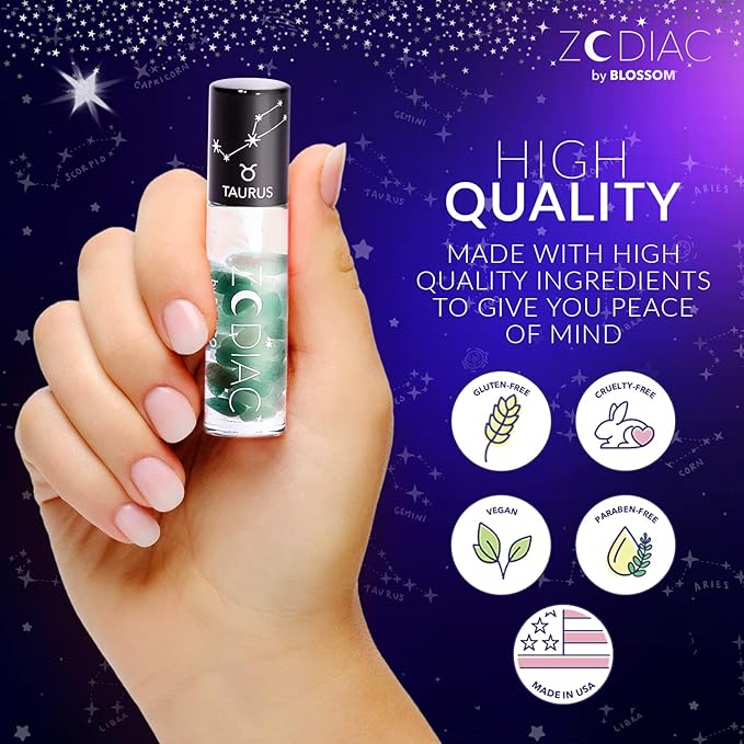 Blossom Zodiac Sign Vanilla Scented Moisturizing Roll-On Lip Gloss with Crystals + pH Technology Color Changing Crystal Strawberry Scented Lip Balm, 2 Pack Bundle, Taurus/Turquoise