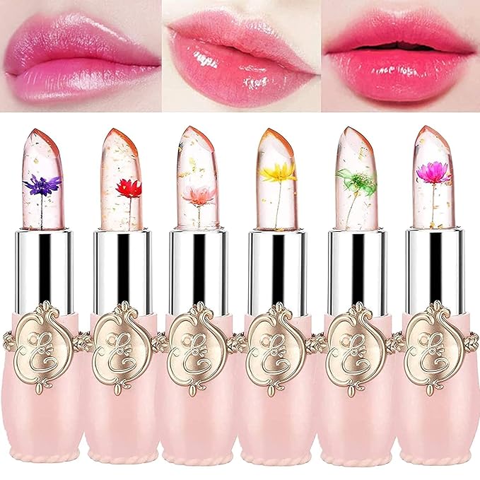 firstfly Pack of 6 Crystal Flower Jelly Lipstick, Long Lasting Nutritious Lip Balm Lips Moisturizer Magic Temperature Color Change Lip Gloss (Pink)