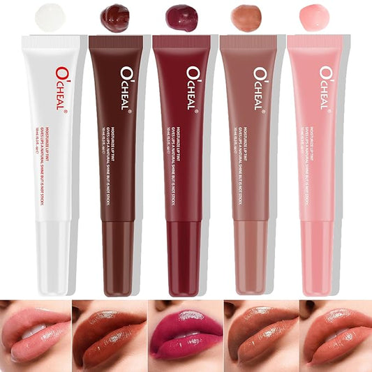 5 Pcs Hydrating Lip Gloss Lip Jam Set, High Shine Glass Finish Nude Colors Moisturizing Glitter Plumping Lip Gloss Shiny Jelly Liquid Lipstick for Girls and Women