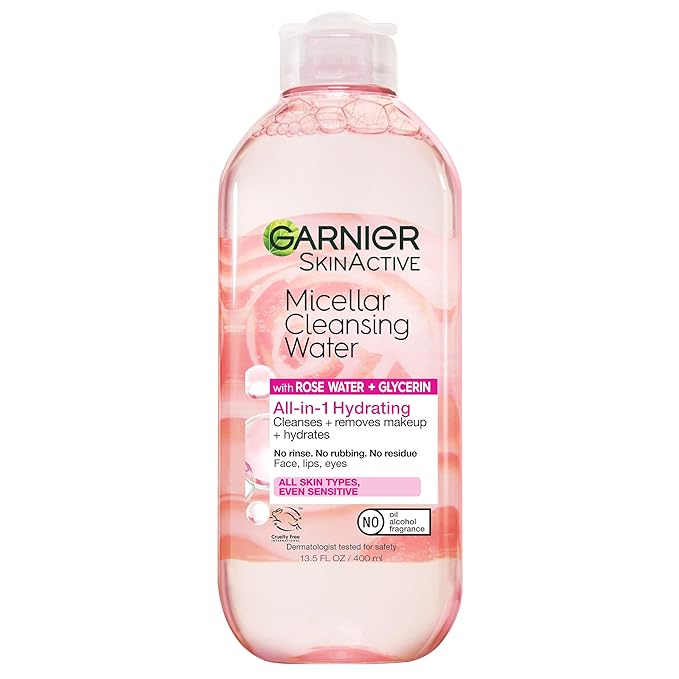 Garnier Micellar Water with Rose Water and Glycerin, Hydrating Facial Cleanser & Makeup Remover, For All Skin Types, Vegan, Cruelty Free, 13.5 Fl Oz (400mL), 1 Count