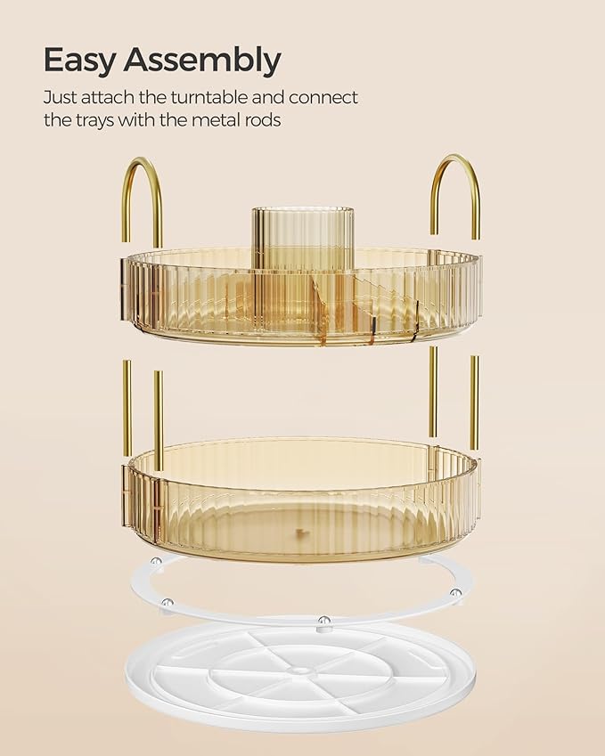 SONGMICS Makeup Organizer, 2-Tier Round Rotating Skincare Organizer Countertop, Customizable, Toiletries Vanity Organizer, Lazy Susan, Gift, Champagne Gold UJKA012A01