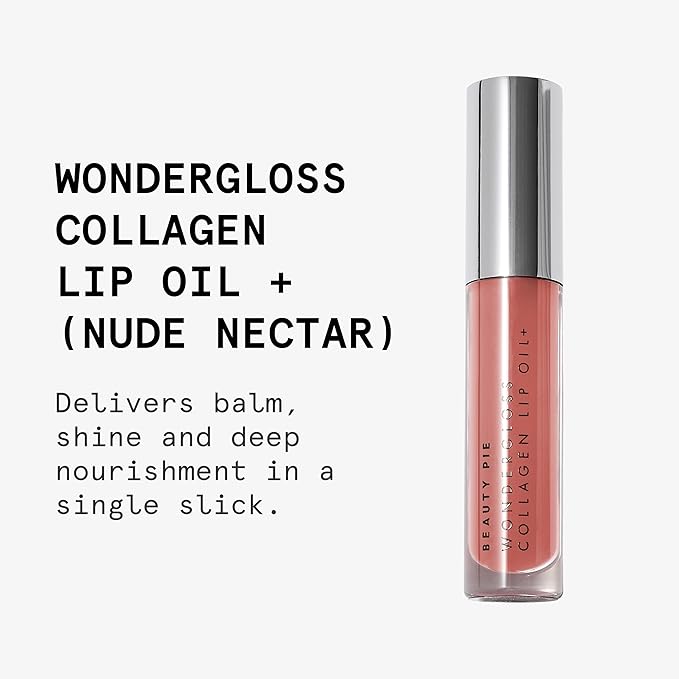 Beauty Pie Wondergloss Collagen Lip Oil + (Nude Nectar) – Hydrating, Plumping, Non-Sticky Gloss with Collagen AC Micro-Vectors & Cherry Oils