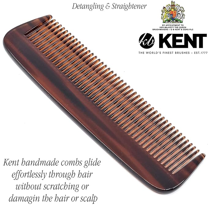 Kent 12T Wide Tooth Detangling Comb - Handmade Pocket Grooming Tool for Thick, Curly, Wavy Hair, Beards and Mustaches - SawCut and Hand Polished