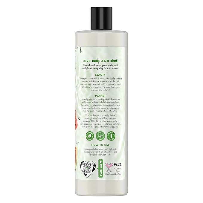 Love Beauty and Planet Plant-Based Body Wash Hydrate and Restore Skin Watermelon and Hyaluronic Acid Made with Plant-Based Cleansers and Skin Care Ingredients, 100% Biodegradable 20 fl oz