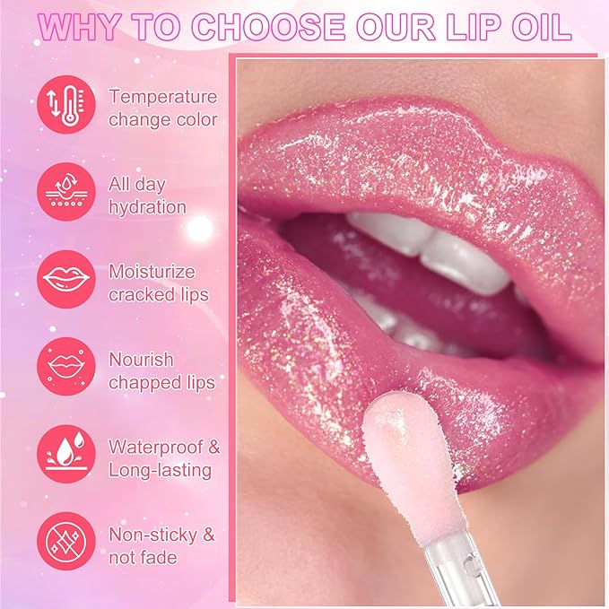 Black Color Changing Lip Oil, Temperature Change Glitter Lip Gloss, Moisturizing Plumping Lip Oil, Light Texture Non Sticky Lip Tint Oil for Lip Care (#05 Pearly Black)