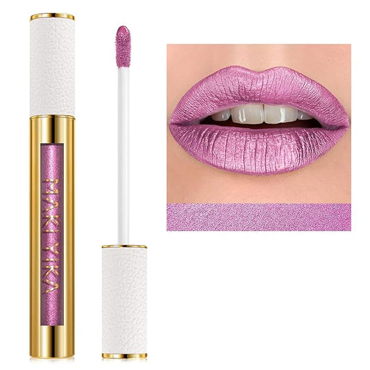 MAKI YIKA Pink Lipstick for Women Metallic Lipsticks Glitter Long Lasting Lipstick No Smudge No Transfer Liquid Lip Gloss (BR012 Paradise)