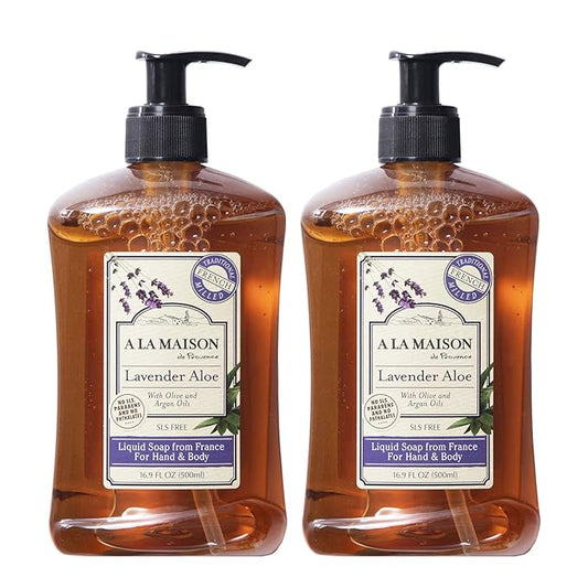 A LA MAISON de Provence Lavender Aloe Liquid Hand and Body Soap (Pack of 2) With Argan Oil, Olive Oil and Vitamin E, 16.9 fl oz Each