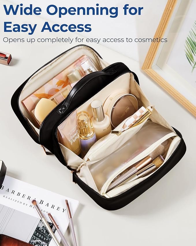 BAGSMART Toiletry Bag for Women, Travel Makeup Bag Organizer, Wide-open Make Up Bag Cosmetic Bags for Women for Travel Essentials Toiletries Accessories Bottles, Brushes, Black