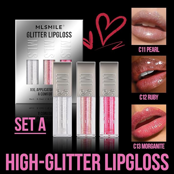 3 PCS Glitter Lip Gloss Set, Hydrating Nourishing Sparkling Plumping Lip Oil, Long Lasting Glossy Lip Balm Lip Care, Transparent Moisturizing No-Sticky Lip Gloss