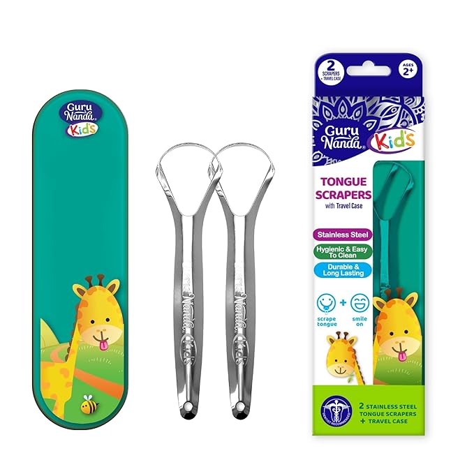 GuruNanda Kids Tongue Scraper (2-Pack) with Travel Case, Stainless Steel, Aids in Fresh Breath - Travel-Friendly Tongue Cleaner (Green/Pink/Orange)
