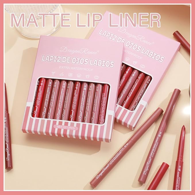 12 Colors Matte Lip Liner/Lipstick Set,One Step Lips Long