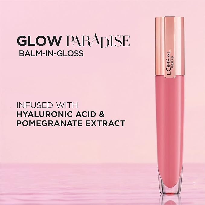 L'Oreal Paris Glow Paradise Hydrating Tinted Lip Balm-in-Gloss with Pomegranate Extract & Hyaluronic Acid, Ultra-Gentle, Non-Sticky Formula, Feathery Fleur, 0.23 Fl Oz