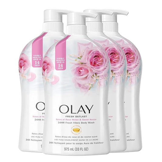 Olay Body Wash for Women, Fresh Radiance, Refreshing & Renewing, Made with Plant Based Cleansers, B3 Botanical Complex, For All Skin Types, Rose Water & Sweet Nectar Scent, 33 fl oz (Pack of 4)