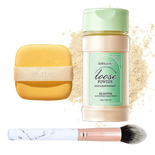 Lightweight Setting Powder,Waterproof Oil Control Translucent Face Powder,Smooth Puff(Natural Color)