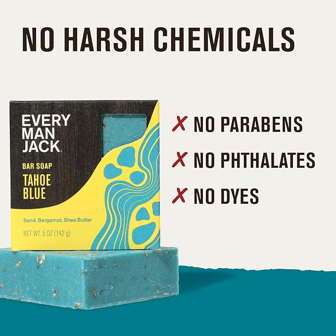 Every Man Jack Cold Plunge Mens Bar Soap - Tahoe Blue Scent with notes of Bergamot, Lemon, Freshwater Mist - Deeply Cleans, Hydrates with Naturally Derived Ingredients and Medium Grit - 5oz (2 Pack)