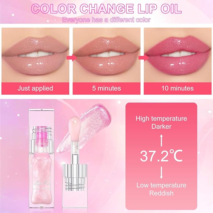 Magic Color Changing Lip Oil, Temperature Color Change Lip Gloss, Moisturizing Lip Tint Oil, Non Sticky, Long Lasting, Transparent Lip Makeup for Women and Girlls (Pearly Pink)