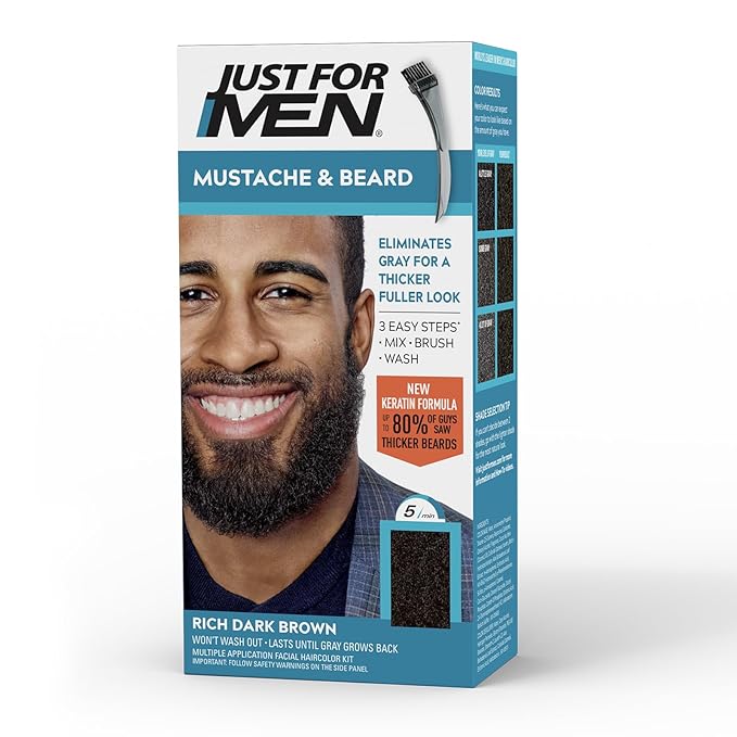 Just For Men Mustache & Beard, Beard Dye for Men with Brush, With Keratin Biotin Aloe and Coconut Oil for Healthy Facial Hair - Rich Dark Brown, M-47, Pack of 1 (Packaging May Vary)