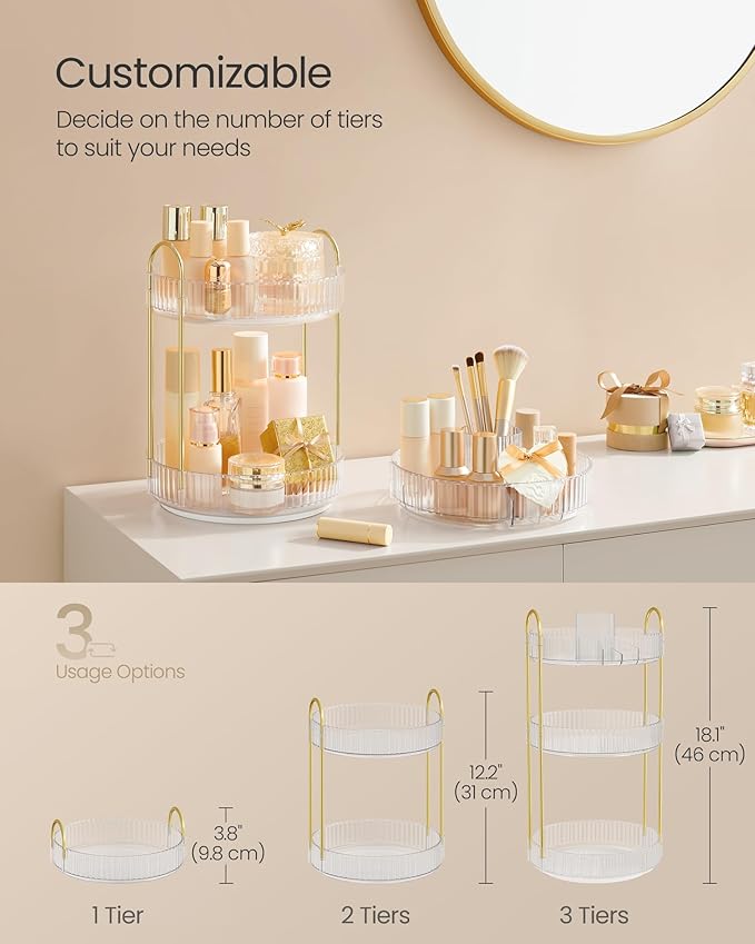 SONGMICS Makeup Organizer, 3-Tier Round Rotating Skincare Organizer Countertop, Customizable, Toiletries Vanity Organizer, Lazy Susan, Gift, Transparent UJKA011W02